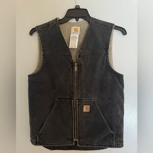 Women’s Carhartt Sherpa Lined Canvas Vest Small Black Distressed Full Zip V26